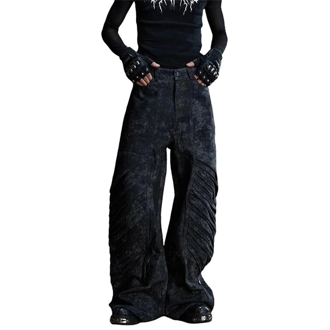 Mens Multi Pleat Denim Jeans - Layered Design Straight Comfort Casual Street Style Long Denim Pants