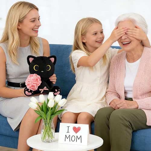 Image of Black Cat Plush Holding Crochet Flower - 8 inch Kawaii Stuffed Cat with Handmade Pink Carnation, Soft Cute Plush Stuffed Animals for Girls Kids, Birthday Gift