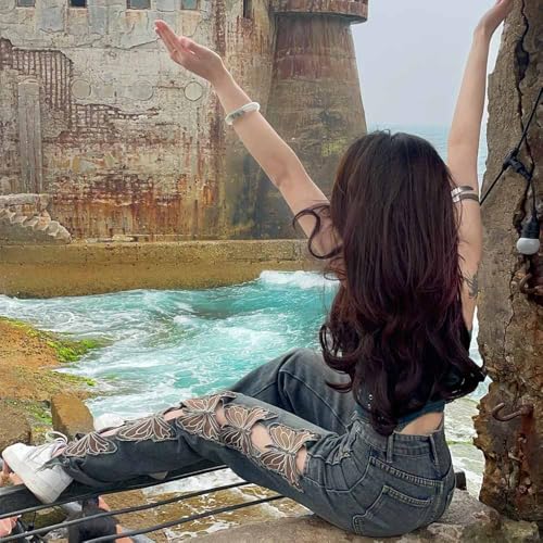 Women's Retro high Waisted Embroidered Hole Loose Floor Mopping Butterfly Hollow Out Wide Leg Pants Y2K Jeans3