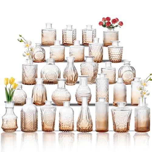 Glass Bud Vase Set of 30, Small Flower Vases, Glass Vases for Centerpieces, Vintage Home Table Decorations Bud Vases (30 Pcs, Amber)