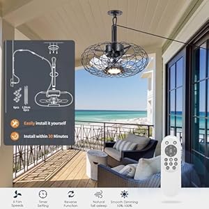 Black Outdoor Ceiling Fans with LED Light 15 Waterproof Gazebo Fan Plug in Caged Industrial Fandelier Ceiling Fan with Remote 6 Speeds Adjustable Height Fan for Bedroom Living Room Pergola