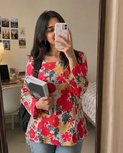 Image of SONISHA Women's Rayon Floral Print Short Kurti for Women Elegance Square Neck, Long Sleeves with Style Criss Cross Back Kurti, Top for Office Wear, Casual, Outdoor
