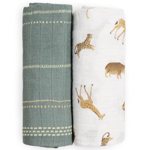 Image of Little Unicorn 100% Certified Natural Organic Cotton Muslin Swaddle Blanket 2 Pack | Giftable Set of 2 swaddles (Animal Crackers)