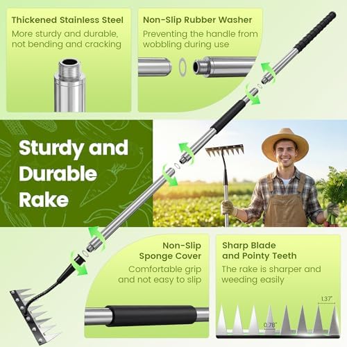Iron Weeding Rake with Long Handle, 8-Tooth Manual Weed Puller Tool - 3