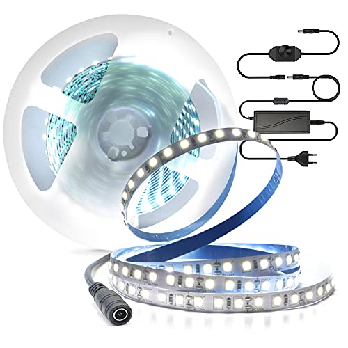 Arotelicht Bande LED 5m 12V Ruban LED 2835SMD 600 LED Bande Lumineuse blanche froide 6000K avec variateur, bande lumineuse auto-adhésive non étanche avec alimentation pour cuisine, placard, fête