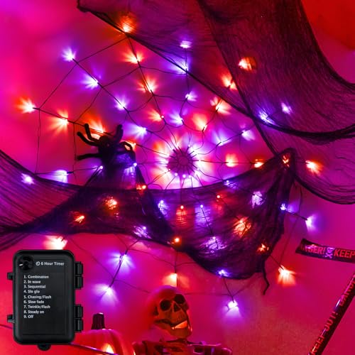Ollny Spider Web Decoration 4FT 70 LED Orange and Purple Halloween Lights with Black Spider Battery Powered 8 Modes Timer Waterproof Cobweb String Light for Outdoor Indoor House Yard Party