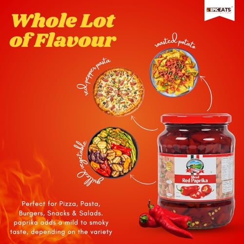 Image of CANEEN Sliced Red Paprika in Jar - 100% Vegan, Ready-to-Eat, Fiber-Rich - Ideal Topping for Pizza, Pasta, Burgers, Snacks & Salads 680g (Pack of 1)