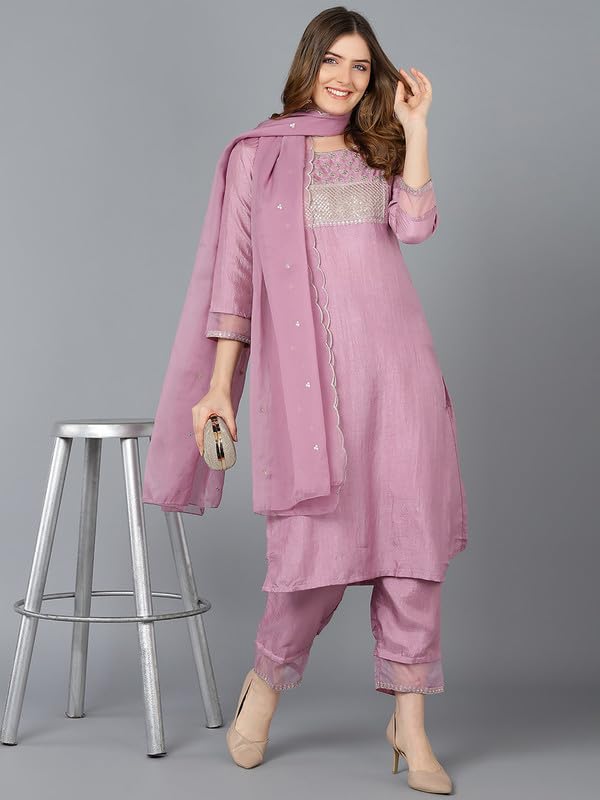 Image of Vaamsi Women's Silk Blend Sequins Yoke Design Straight Kurta Pant With Dupatta