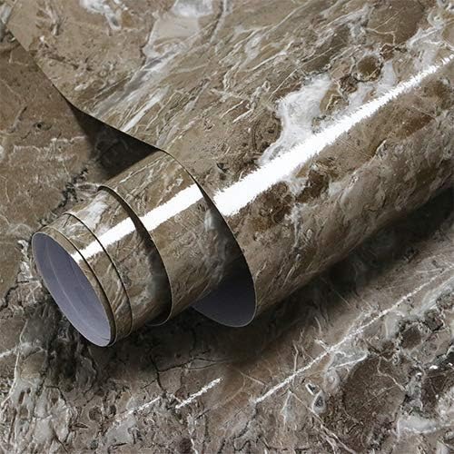 15.7"x393.7" Marble Contact Paper Brown Peel and Stick Wallpaper Waterproof Self Adhesive Contact Paper Gloss Film Wallpaper for Kitchen Countertops Bathroom Furniture Table Easy to Clean