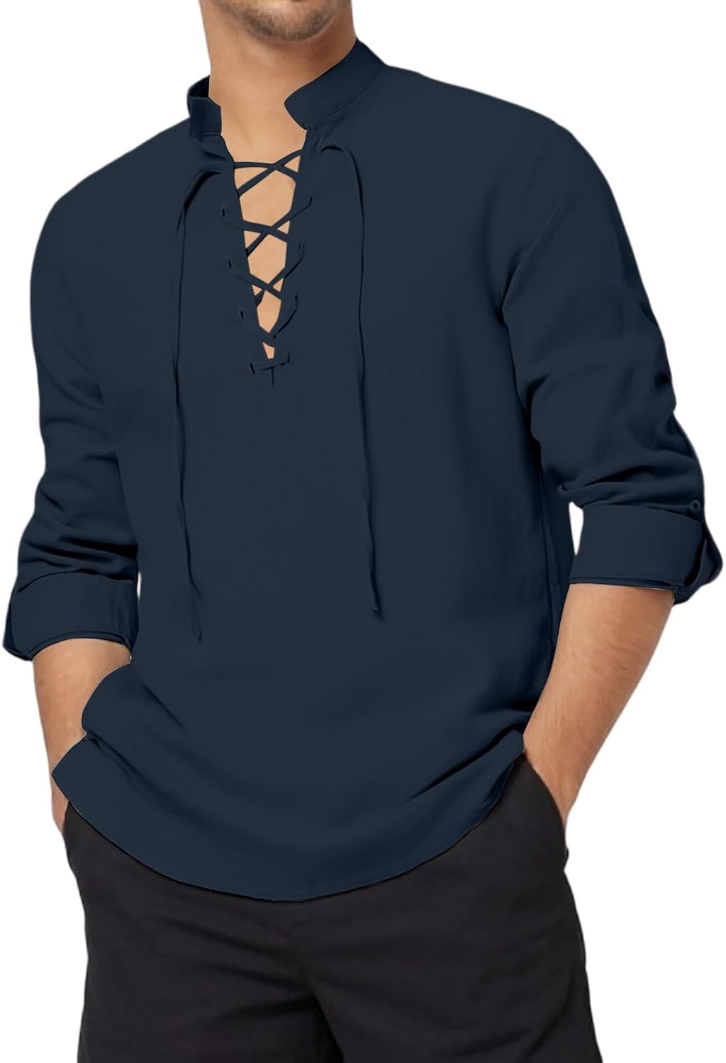 RTRDE Men's Long Sleeve T-Shirts, Lace Up Cotton Linen Casual Beach Vacation Hippie Shirts, S-2XL