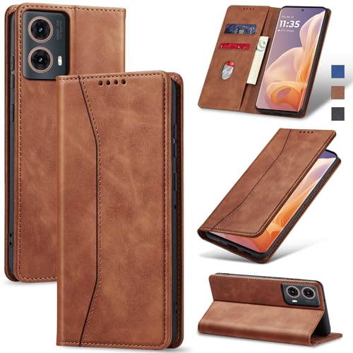 Image of Jasonyu Flip Case for Motorola Moto G85 PU Leather Flip Wallet Cover Stand Function Magnetic Card Slot TPU Bumper Case (Brown)
