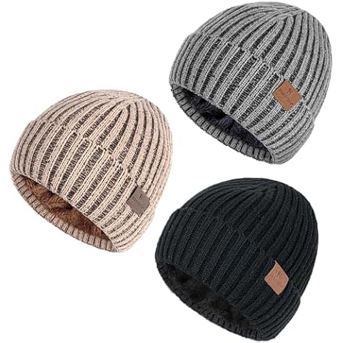 HONGTEYA 3 Pack Winter Beanie for Men Women, Thicken Thermal Plush Lined Beanie Fashion Warm Knit Hat for Cold Weather (Khaki+Gray+Black) Cover