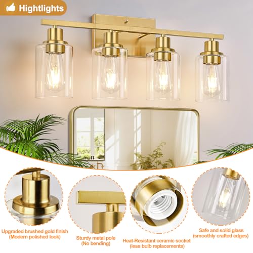 Image of Indoi 4-Light Bathroom Light Fixtures, Brushed Gold Modern Vanity Lights with Clear Glass Shades, Bathroom Wall Lamp for Mirror Living Room Cabinet Bedroom Porch
