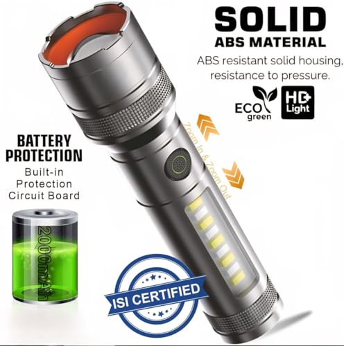 Image of RL-M41 100W+100W Metal Torch Light | Super Bright LED Flashlight with 7 Light Modes, Type-C Charging & Telescopic Zoom | Long Distance Range for Outdoor & Emergency Use (Grey)
