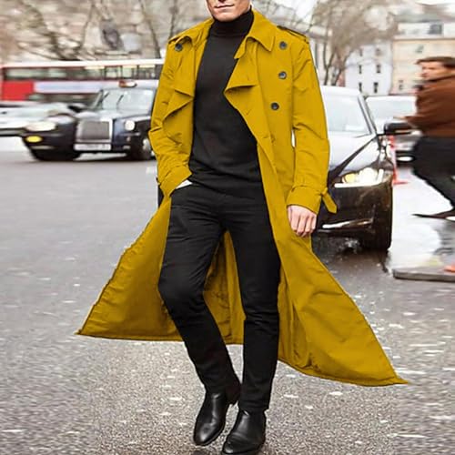 ZYXTIM Man's Double Breasted Trench Coat Notched Lapel Casual Windbreaker Vintage Long Jacket Overcoat with Shoulder Pad2