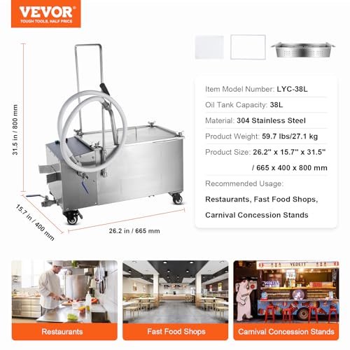 Image of VEVOR Mobile Fryer Filter, 80 LBS /38 L /10.56 Gal Capacity, 300W Oil Filtration System with 5 L /min Flow Rate, Mobile Frying Oil Filtering System with 10 L /min Pump & Oil Hose, 110V /60Hz