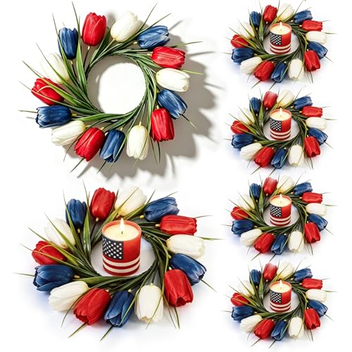Image of 6 PCS 4th of July Candle Rings Wreaths Patriotic Tulip Silk Memorial Day American Flag Floral Candle Rings Holder with Red White and Blue Flower for Independence Day Labor Day Table Centerpiece Decor