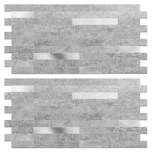 Koynsle Peel and Stick Backsplash Tile Waterproof Removable PVC Wall Sticker 3D Faux Stone Marble Brick White Accent Panels (Matte Gray Stone - Metal Silver, 20 Tiles - 9 sq. ft. (0.84 M²))
