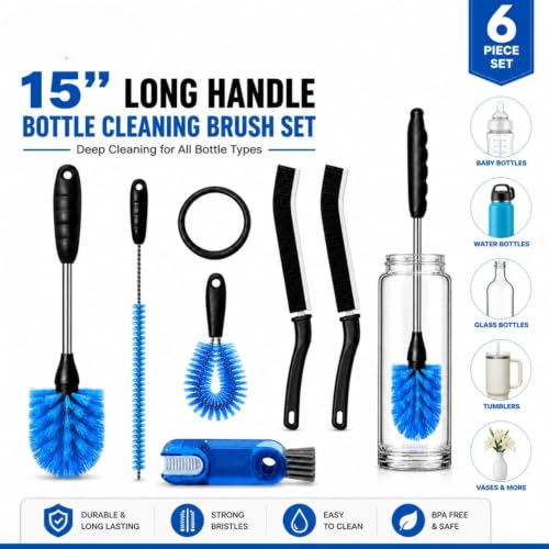 Image of 6-in-1 Bottle Cleaning Brush Set, Long Handle Stainless Steel Bottle Cleaner Brush with Straw Cleaner, Lid Brush & Gap Cleaner for Water Bottles, Stanley Tumblers, Baby Bottles, Mugs