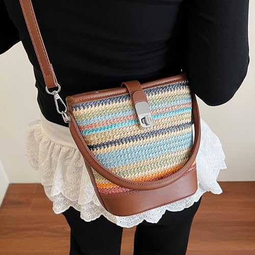 Women's Contrast Color Straw Woven Shoulder Bag Mini Bucket Bag Crossbody Bag3
