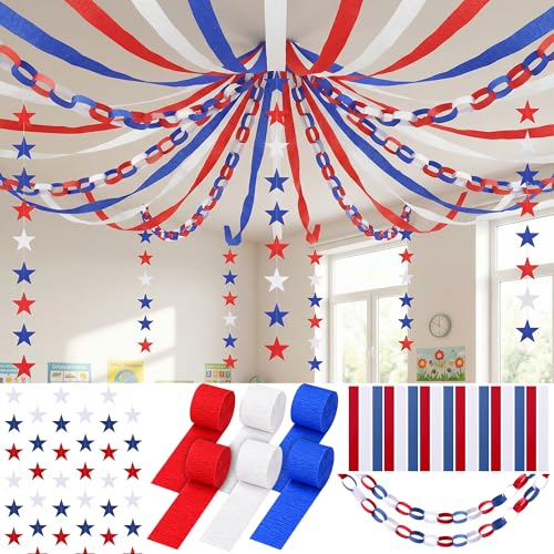 LFUTARI 700 Sheet 4th of July Paper Chain Strips Set, 52 ft Red White Blue Star Garland Decor, 492 ft Patriotic Crepe Paper Streamers for DIY Crafts Memorial Day American Theme Party