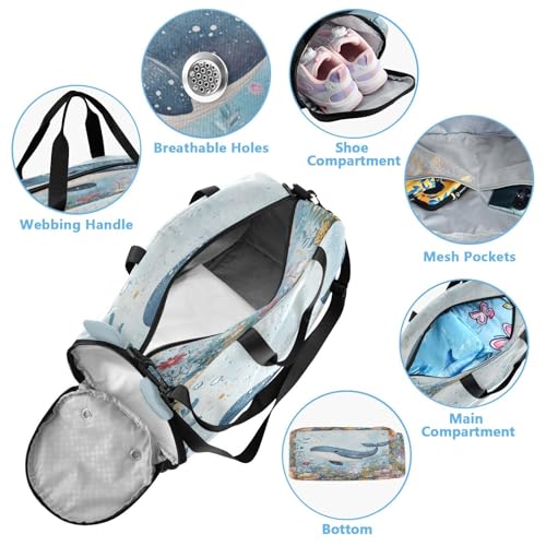 Whale Bubble Blue Kids Travel Duffel Bag for Boys Girls Overnight Weekend Tote Bag with Shoes Compartment for Dance Gym Sports4