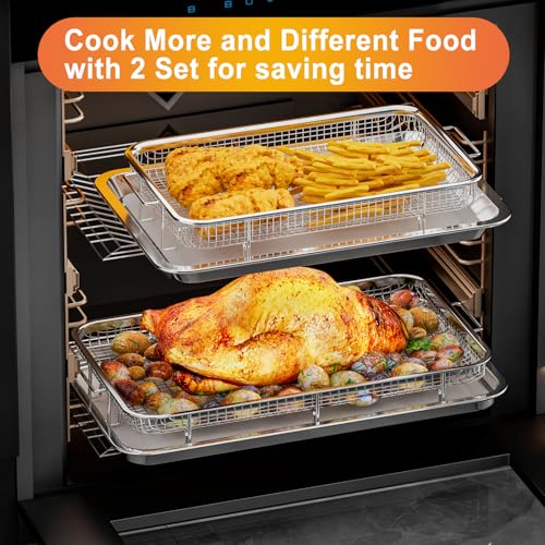 Image of Air Fryer Basket for Oven,THORSES 2 Set Air Fryer Pan and Cripy Tray Set | with 60 Pcs Parchment Papers, 0.6mmThickened Stainless Steel NonStick Air Fryer Basket and Pan for Baking (18.8 inch&14.88 inch）