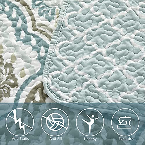 Home Soft Things Tivoli Ikat Queen Size 90" X 90" 5 Piece Teal Aqua Printed Prewashed Quilted Coverlet Bedspread Bed Cover Set For All Season, Lightweight Quilt Blanket With Matching Shams Pillows #TOP5