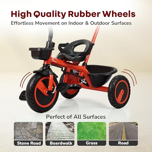 Image of R for Rabbit Tiny Toes R20 Plus Tricycle for Kids with Rubber Wheels, Adjustable Parental Control, Front & Rear Storage Basket | Baby Trike Cycle for 2 to 5 Year, Upto 25 Kgs Boy & Girl (Cherry Red)
