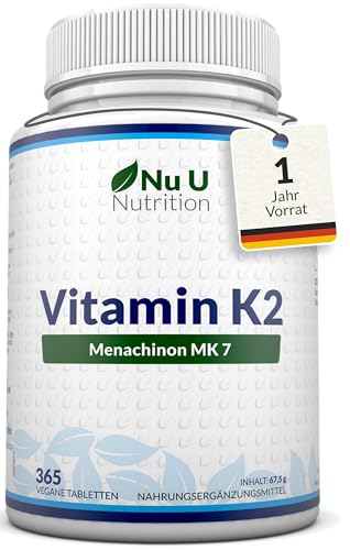Vitamin K2 MK7 200µg - 365 vegane Tabletten, keine Kapseln - 12 Monate Vorrat - 200mcg pro Tablette...