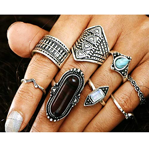 Drecode Vintage Turquoise Joint Knuckle Ring Set Boho Finger Decor Oblong Gemstone Rhinestone Joint Knuckle Nail Midi Ring Set(8Pcs) (Silver)