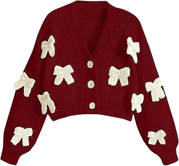 Womens Bow Cropped Cardigan Sweater Long Sleeve V Neck Button Down Chunky Knit Loose Crop Tops Burgundy