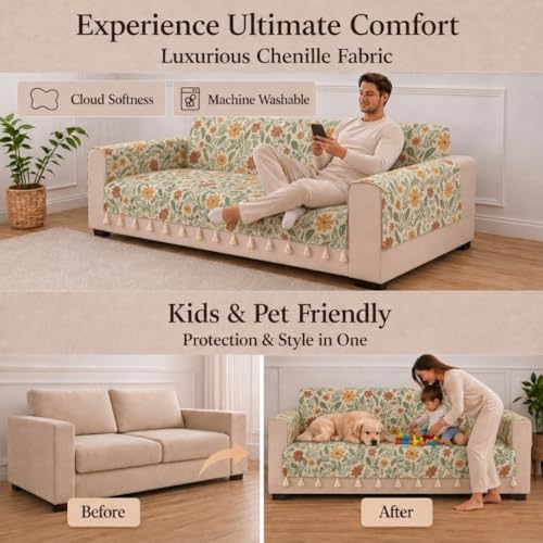 Image of STITCHNEST 'Eden Weaves Collection Series' 3 Seater Sofa Cover| Elegant Woven Fabric, Decorative Tassels, Washable & Durable for Modern Living
