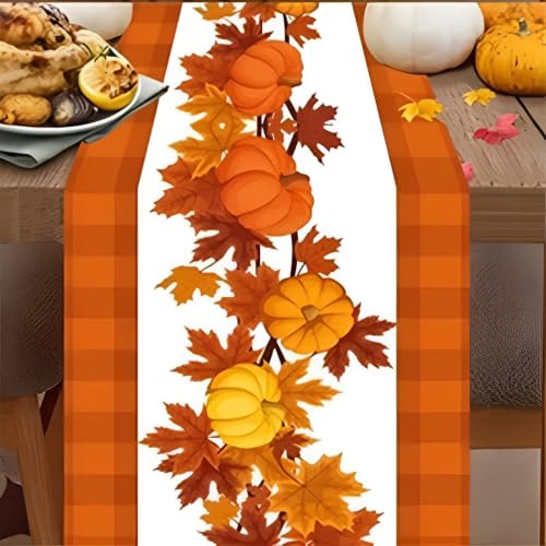 72X13 in Harvest Themed Fall Table Runner, Pumpkin Plaid Table Runner Gifts - image 4