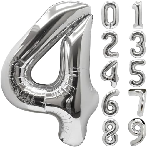 Image of Number Balloons Silver Party Balloon - Giant Number 4 Balloon, 40 Inch Large Balloon for Birthday Decorations, Silver Party Supplies for Anniversary