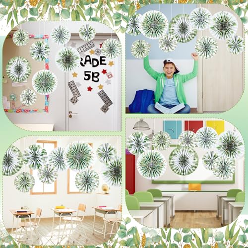 Image of 18 Pcs Eucalyptus Hanging Paper Fans Decor Back to School Paper Fans Eucalyptus Round Garlands Bulletin Board Classroom Decorations for Party Supplies Classroom Decor