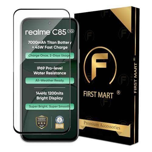 Image of FIRST MART Military-Grade Gorilla Tempered Glass For Realme C85 (6.8 Inch) With Edge To Edge Screen Coverage and Easy Installation Kit |Black