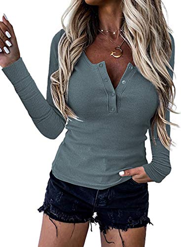 ROSKIKI Womens Solid Basic Slim Fit Scoop Neck Buttoned Front Ribbed Knit Tops for Women Sky Blue X-Large