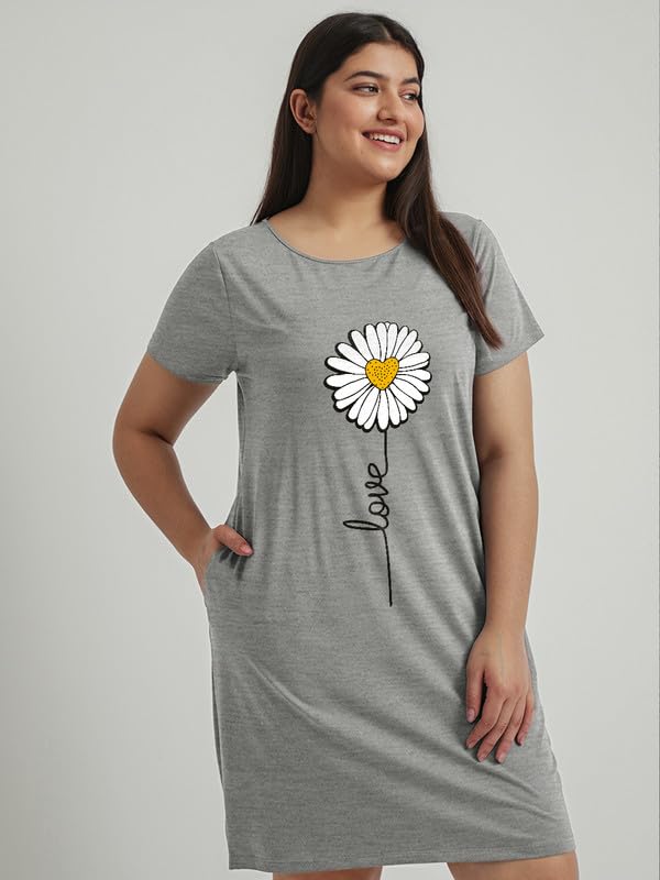 Image of Fflirtygo Women's Cotton Nighty | Printed Knee Length Nighty | Short Sleeve Nighty | Short Nightdress | Long T-Shirt | Regular Fit Night Gown | Nightwear | Sleepwear & Casual Wear Nighty