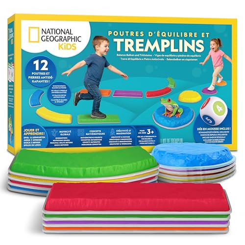 National Geographic Kids Balanciersteine & Balance-Balken – 12-teiliges Hindernisparcours-Set für Kinder ab 3 Jahren mit Schaumstoffwürfel, Play & Learn Karten & Rutschfester Gummibasis