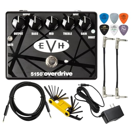 MXR EVH5150 Overdrive Distortion Electric Guitar Effects Pedal with Boost Switch and Noise Gate Featuring Tonebird 1500mA 9V Adapter, Patch Cable, Multi-Tool, Picks Bundle