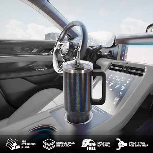 Image of 40 oz Shiny Tumbler with Handle and Straw,Stainless Steel Tumbler with Lid and Straw,Insulated Travel Mug(Cold for 34 Hours),Water Bottle for Iced Tea,Coffee (Black)