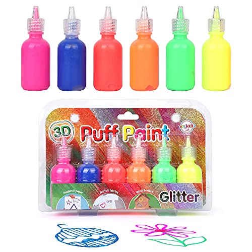 Playkidiz 3-D Art Glitter Puff Paint For Kids, 6 Pack Color Pack Squeeze Paint, Non Toxic Puff Paint Set, Washable Fabric Paint, Classic Colors, Ages 3+. (Glitter)