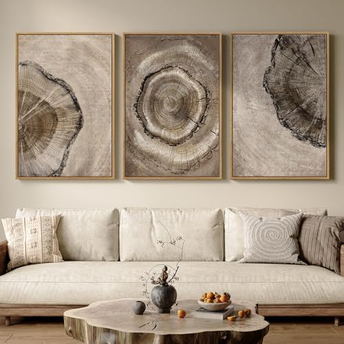 Framed Neutral Tree Ring Wall Art for Living Room, Large