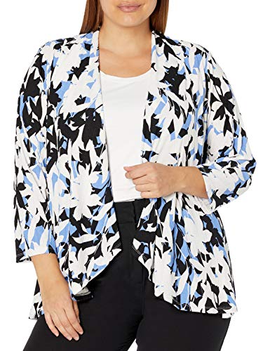 Kasper Women's Plus Size Bold Floral Printed Rib Knit Ruched Neck HI-LO Shrug, Wedgewood MULTI-O45, 2X