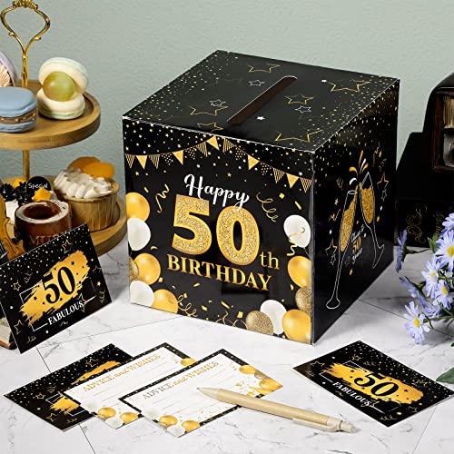 Image of Funrous 50th Birthday Party Message Card Box Cheers to 50 Years Black Gold Advice and Wishes Greeting Card Box for Men Birthday Decorations Party Supplies Anniversary Tables Sign Centerpieces Decor