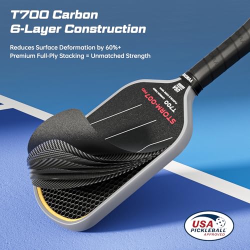 Image of USAPA Approved 6-Layer Construction T700 Carbon Fiber Pickleball Paddle, 16mm Thermoformed Pickleball Racket with High Spin & Extended Grip, Professional Pickleball Paddle for Control and Power