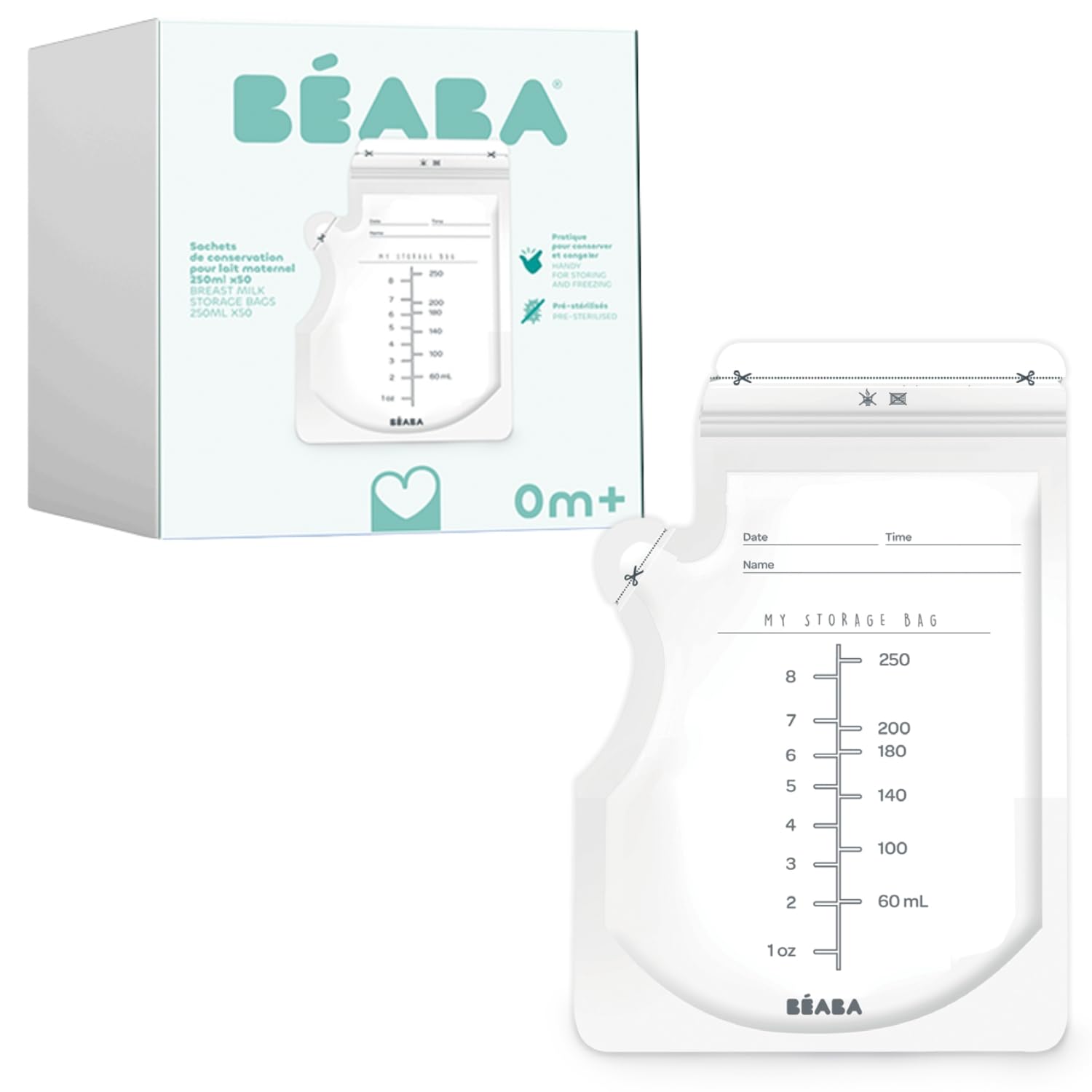 BÉABA, Lot 50 Breastmilk Storage Pouches, 250ml, Pre-sterilized, Freezing, Grading, Hermetically Sealed, Labelling, 250ml