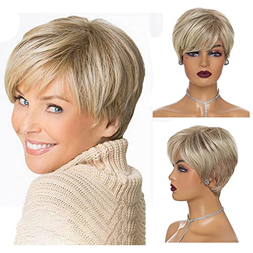 Urrtreusor Pixie Layered Short Grey Wigs for White Women Ombre Blonde Natural Wave Synthetic Full Old Lady Wig Old Middle Age Women Office Lady Mixed Brown Highlight Wig