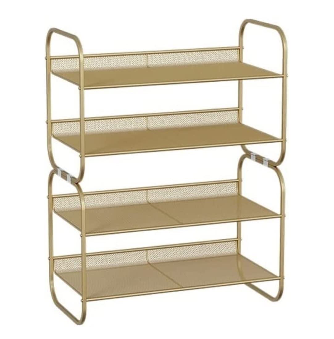 WHGURVH 4Tier Adjustable Shoe Rack Stackable Metal Shoe Orga SpaceSaving Storage for Entryway Living Room Hallway Bedroom ClosetPerfect for Shoes and Boots(Gold)
